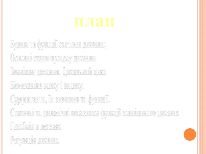 план Будова та функції системи дихання; Основні етапи процесу дихання.