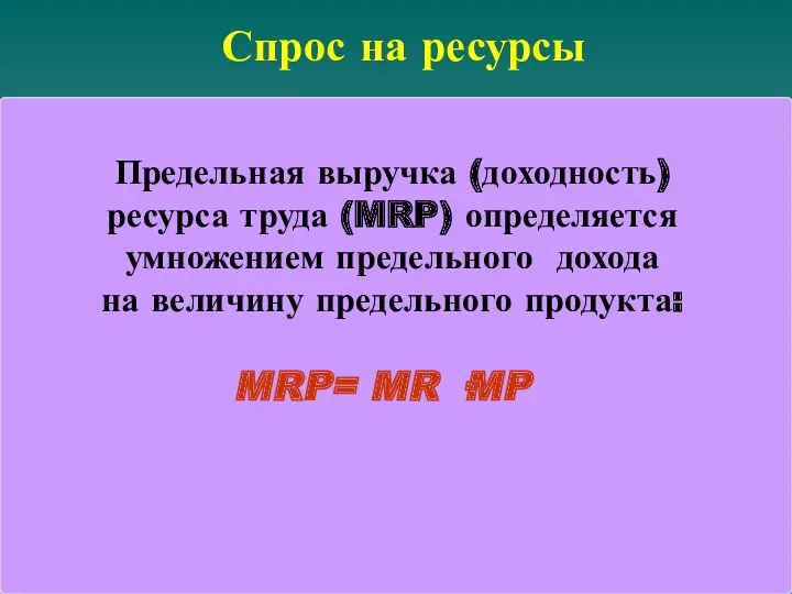 Спрос на ресурсы Предельная выручка (доходность) ресурса труда (MRP) определяется