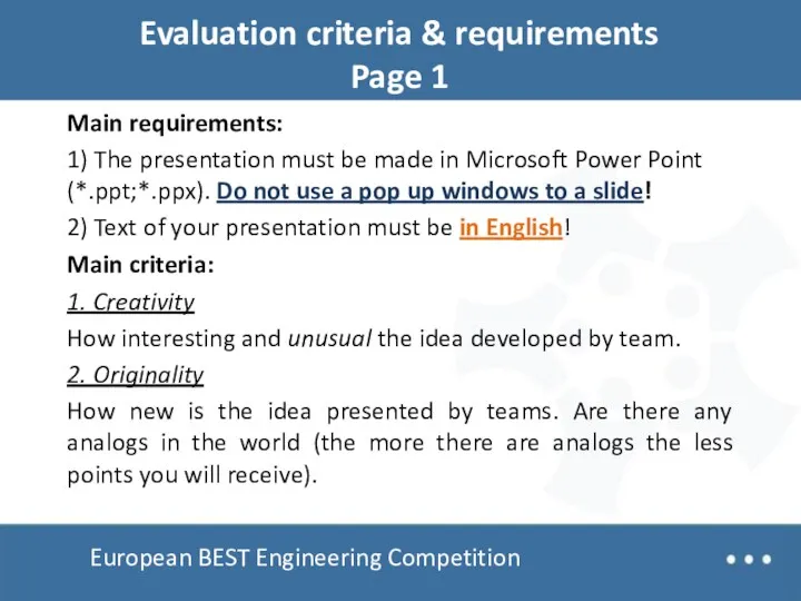 EBEC Pyramid European BEST Engineering Competition EBEC Pyramid Evaluation criteria