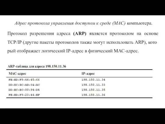 Адрес протокола управления доступом к среде (MAC) компьютера. Протокол разрешения