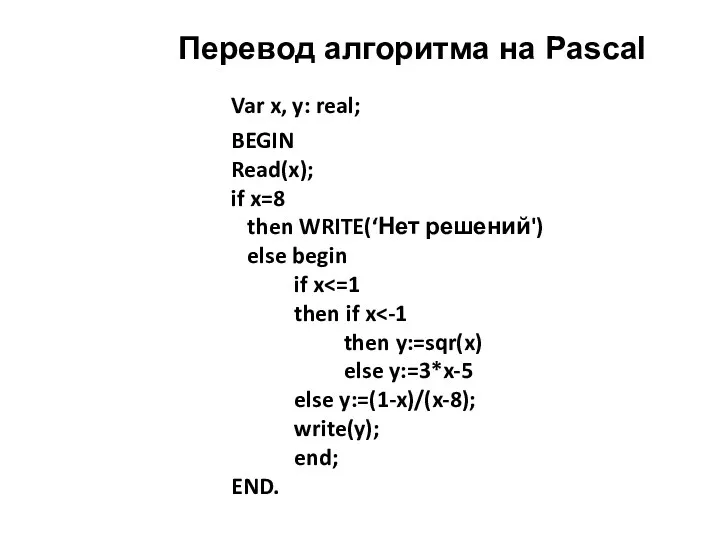 Перевод алгоритма на Pascal Var x, y: real; BEGIN Read(x);