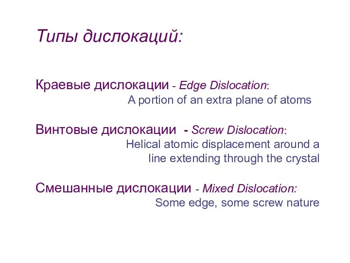 Типы дислокаций: Краевые дислокации - Edge Dislocation: A portion of