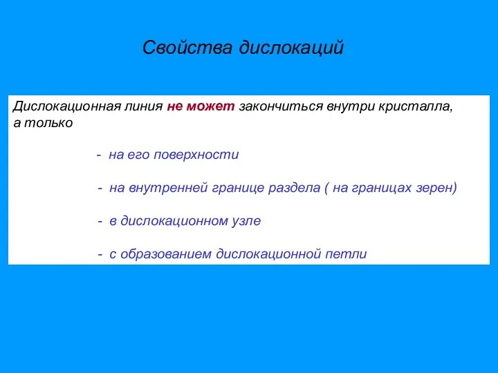 Свойства дислокаций Дислокационная линия не может закончиться внутри кристалла, а