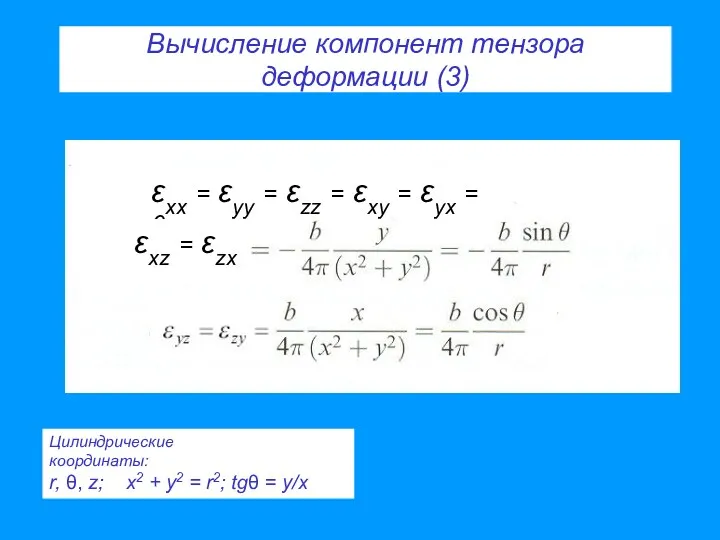 Вычисление компонент тензора деформации (3) εxx = εyy = εzz