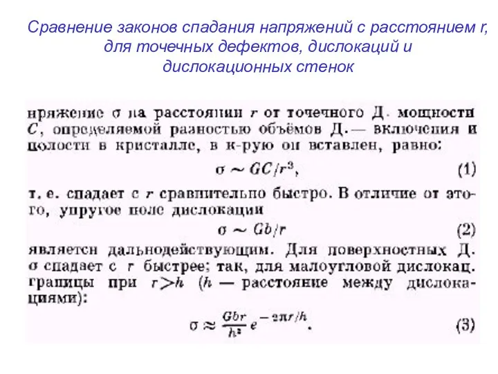 Сравнение законов спадания напряжений с расстоянием r, для точечных дефектов, дислокаций и дислокационных стенок