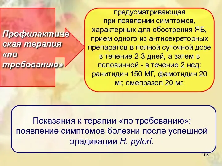 предусматривающая при появлении симптомов, характерных для обострения ЯБ, прием одного