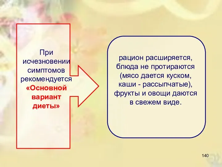 При исчезновении симптомов рекомендуется «Основной вариант диеты» рацион расширяется, блюда