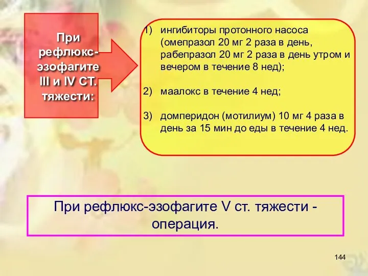 При рефлюкс-эзофагите III и IV СТ. тяжести: ингибиторы протонного насоса