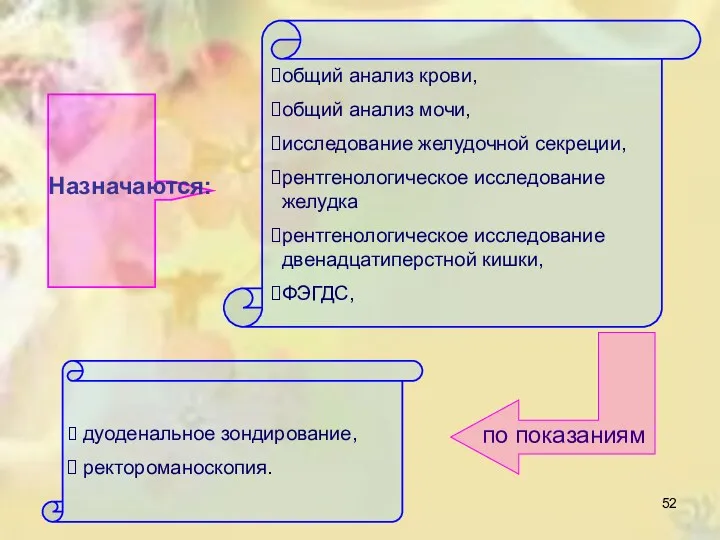 Назначаются: общий анализ крови, общий анализ мочи, исследование желудочной секреции,