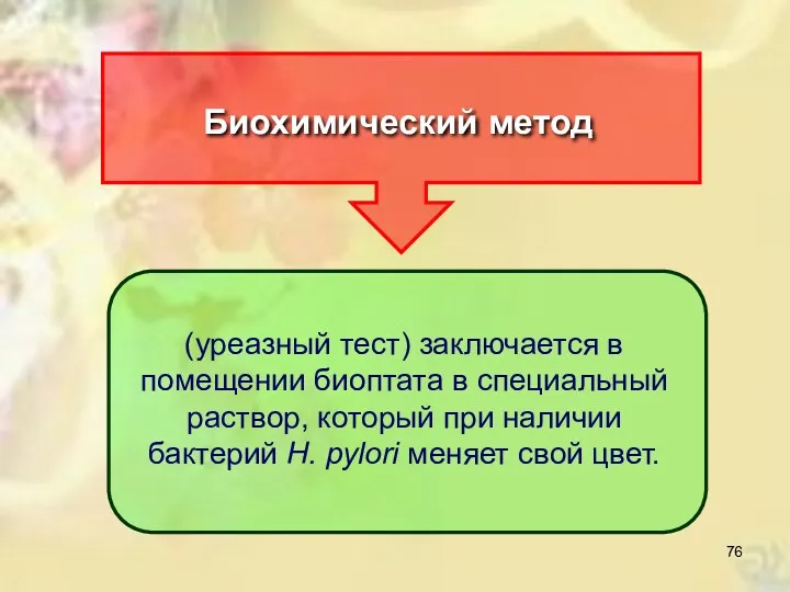 Биохимический метод (уреазный тест) заключается в помещении биоптата в специальный