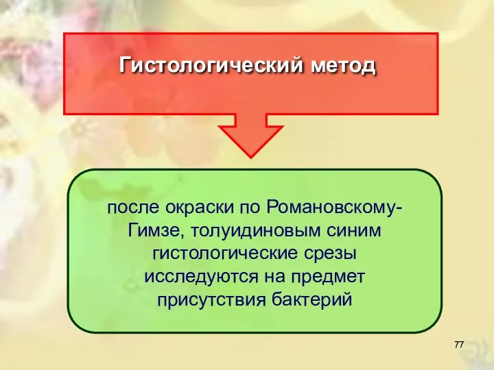 Гистологический метод после окраски по Романовскому- Гимзе, толуидиновым синим гистологические срезы исследуются на предмет присутствия бактерий