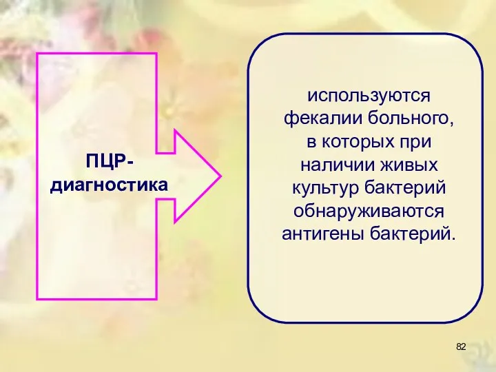 ПЦР-диагностика используются фекалии больного, в которых при наличии живых культур бактерий обнаруживаются антигены бактерий.