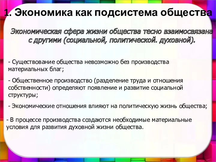 1. Экономика как подсистема общества Экономическая сфера жизни общества тесно