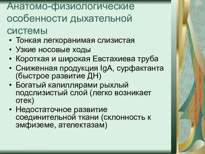 Анатомо-физиологические особенности дыхательной системы Тонкая легкоранимая слизистая Узкие носовые ходы