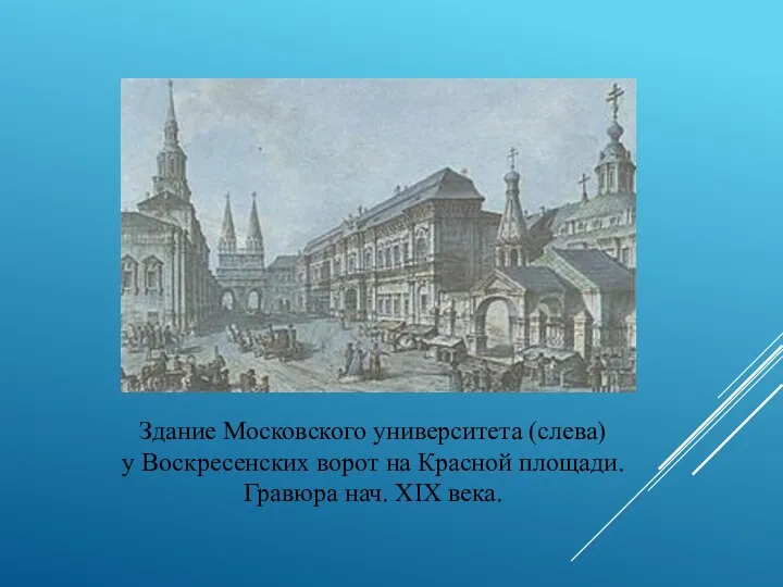 Здание Московского университета (слева) у Воскресенских ворот на Красной площади. Гравюра нач. XIX века.