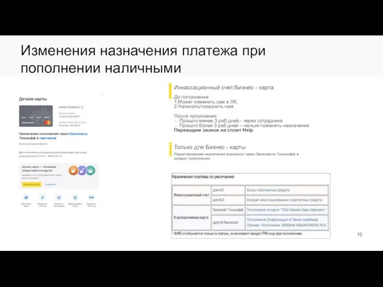 Изменения назначения платежа при пополнении наличными Инкассационный счет/Бизнес - карта