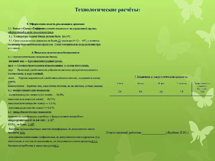 Технологические расчёты: Ответственный работник_______________(Якубина И.Ю.)