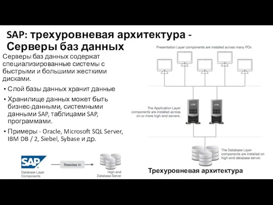 SAP: трехуровневая архитектура - Серверы баз данных Серверы баз данных содержат специализированные системы