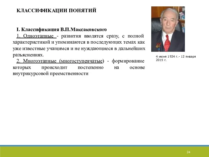 КЛАССИФИКАЦИИ ПОНЯТИЙ I. Классификация В.П.Максаковского 1. Одноэтапные - развития вводятся