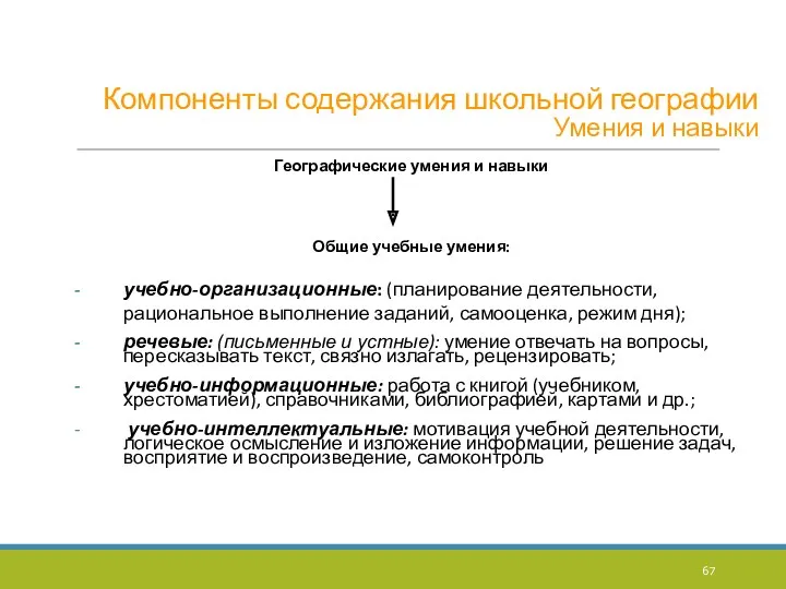 Компоненты содержания школьной географии Умения и навыки Географические умения и