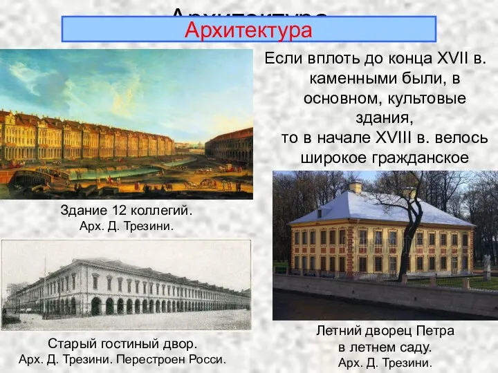 Архитектура Если вплоть до конца XVII в. каменными были, в основном, культовые здания,