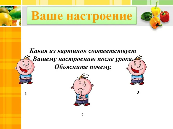 1 2 3 Какая из картинок соответствует Вашему настроению после урока. Объясните почему. Ваше настроение