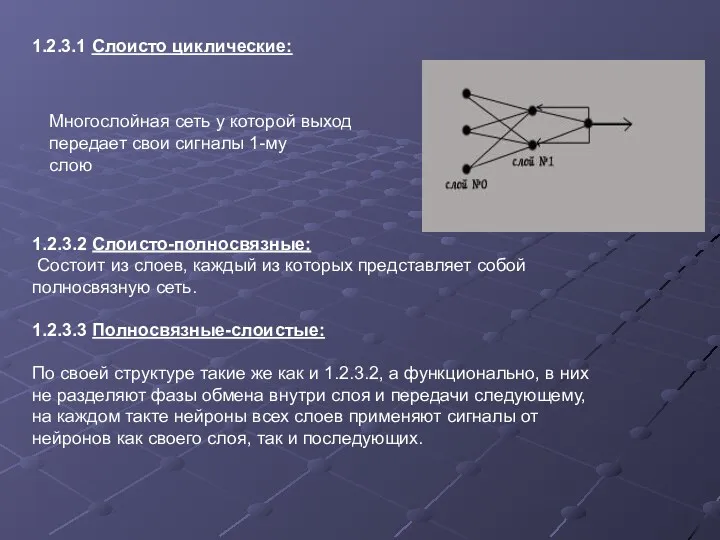 1.2.3.1 Слоисто циклические: Многослойная сеть у которой выход передает свои