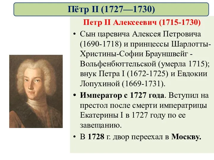 Петр II Алексеевич (1715-1730) Сын царевича Алексея Петровича (1690-1718) и