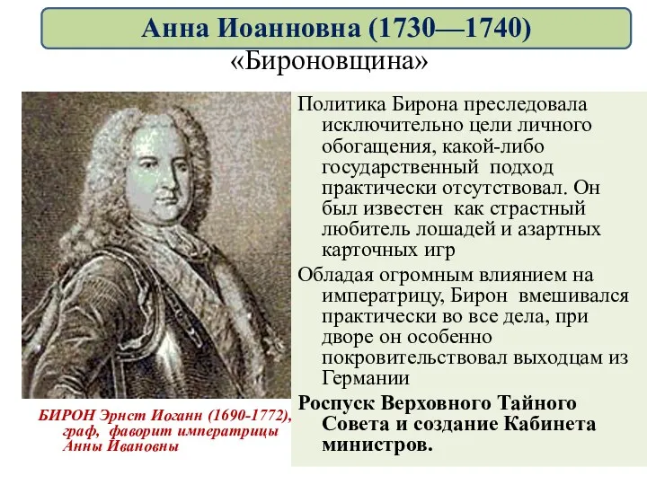 «Бироновщина» БИРОН Эрнст Иоганн (1690-1772), граф, фаворит императрицы Анны Ивановны