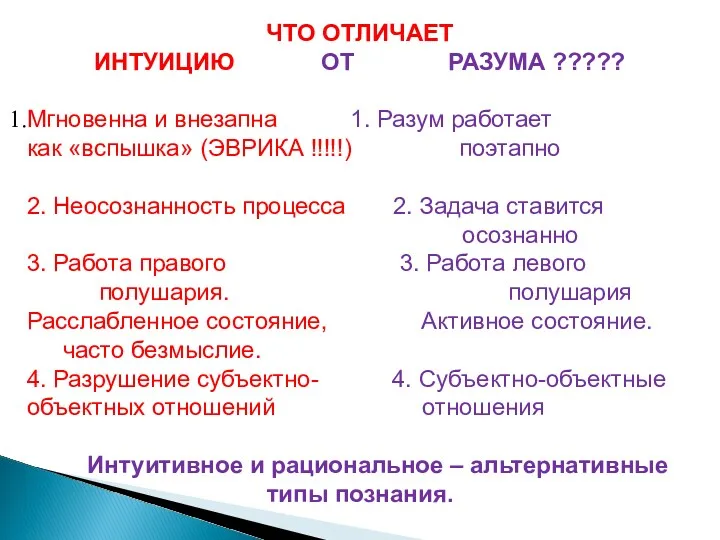 ЧТО ОТЛИЧАЕТ ИНТУИЦИЮ ОТ РАЗУМА ????? Мгновенна и внезапна 1.