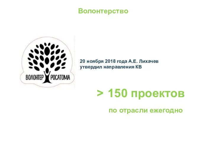 Волонтерство 20 ноября 2018 года А.Е. Лихачев утвердил направления КВ > 150 проектов по отрасли ежегодно