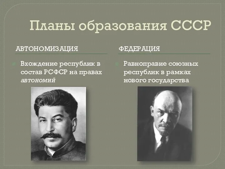 Планы образования СССР АВТОНОМИЗАЦИЯ ФЕДЕРАЦИЯ Вхождение республик в состав РСФСР