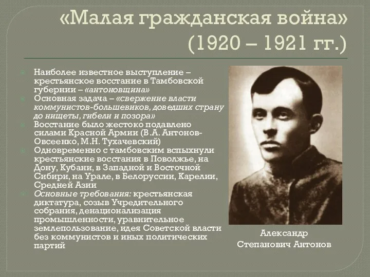 «Малая гражданская война» (1920 – 1921 гг.) Наиболее известное выступление