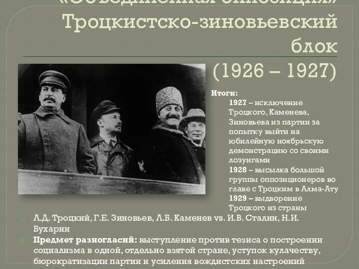 «Объединенная оппозиция» Троцкистско-зиновьевский блок (1926 – 1927) Л.Д. Троцкий, Г.Е.