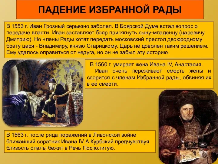 ПАДЕНИЕ ИЗБРАННОЙ РАДЫ В 1553 г. Иван Грозный серьезно заболел.