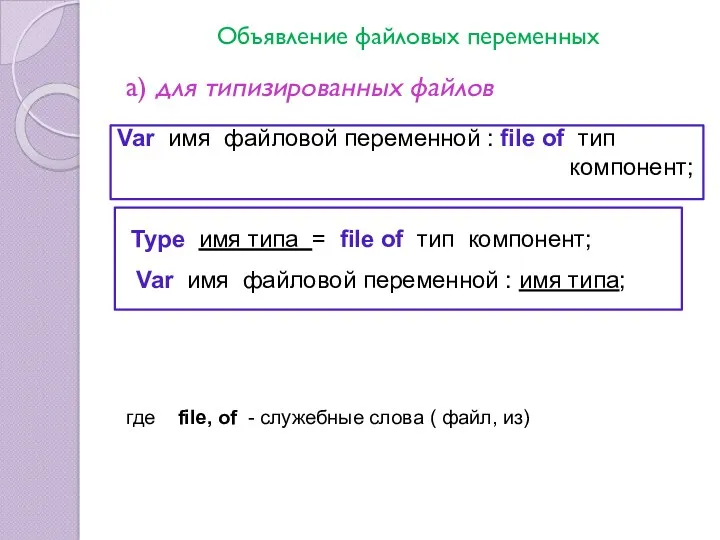 Объявление файловых переменных а) для типизированных файлов где file, of