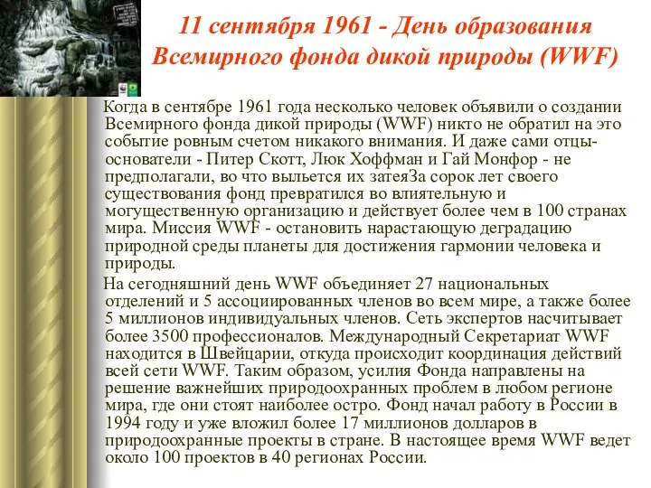 11 сентября 1961 - День образования Всемирного фонда дикой природы