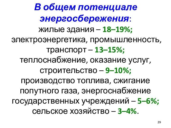 В общем потенциале энергосбережения: жилые здания – 18–19%; электроэнергетика, промышленность,