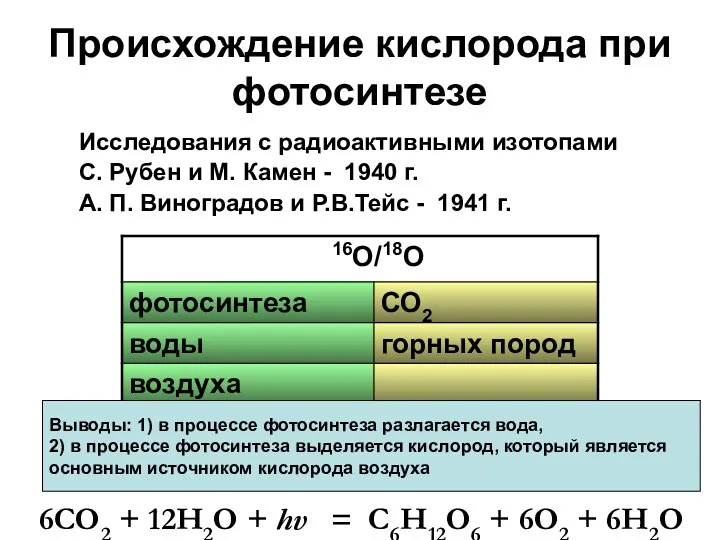 Происхождение кислорода при фотосинтезе Исследования с радиоактивными изотопами С. Рубен