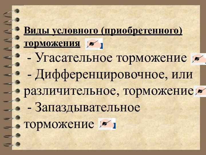 Виды условного (приобретенного) торможения - Угасательное торможение - Дифференцировочное, или различительное, торможение - Запаздывательное торможение