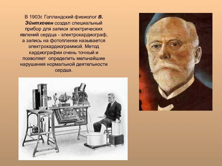 В 1903г. Голландский физиолог В.Эйнтховен создал специальный прибор для записи