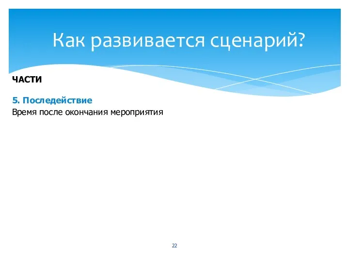 Как развивается сценарий? ЧАСТИ 5. Последействие Время после окончания мероприятия ЧТО ДОЛЖНО БЫТЬ