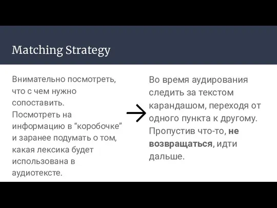 Matching Strategy Внимательно посмотреть, что с чем нужно сопоставить. Посмотреть