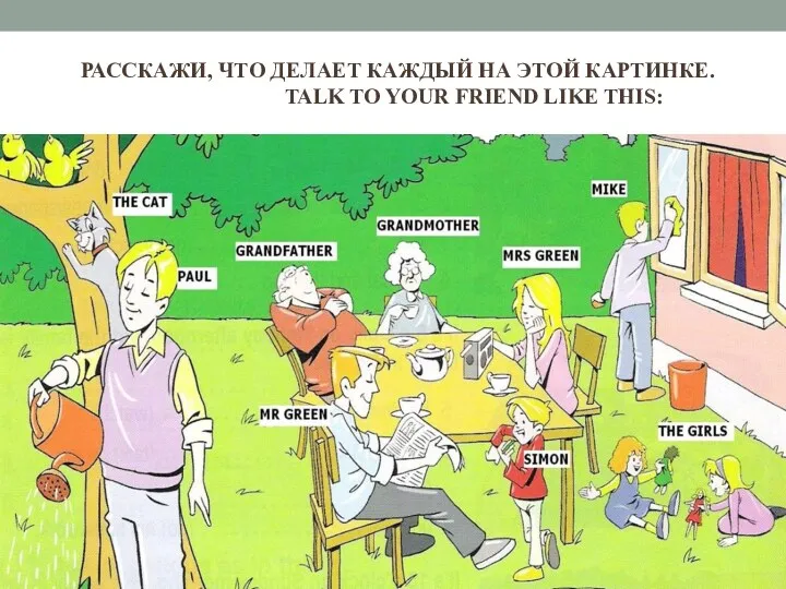 РАССКАЖИ, ЧТО ДЕЛАЕТ КАЖДЫЙ НА ЭТОЙ КАРТИНКЕ. TALK TO YOUR FRIEND LIKE THIS: