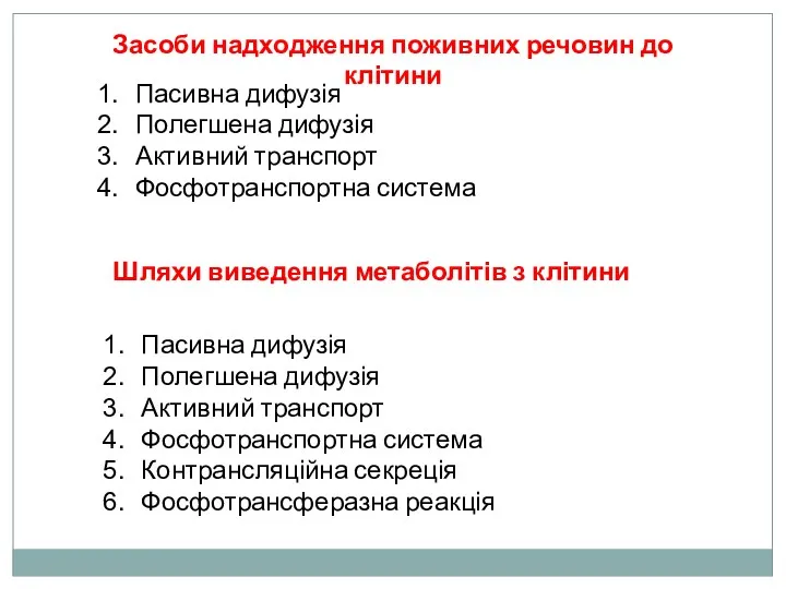 Засоби надходження поживних речовин до клітини Шляхи виведення метаболітів з