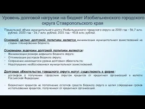 Уровень долговой нагрузки на бюджет Изобильненского городского округа Ставропольского края
