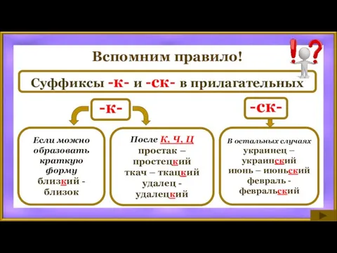 Вспомним правило! Суффиксы -к- и -ск- в прилагательных -к- В