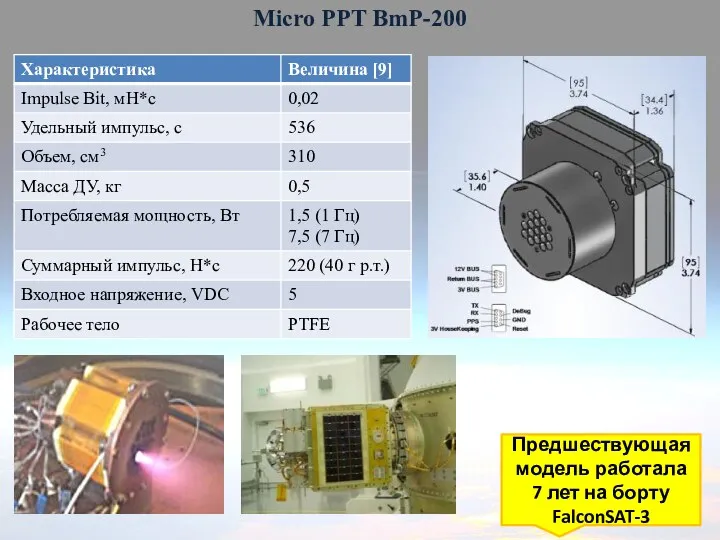 Micro PPT BmP-200 Предшествующая модель работала 7 лет на борту FalconSAT-3