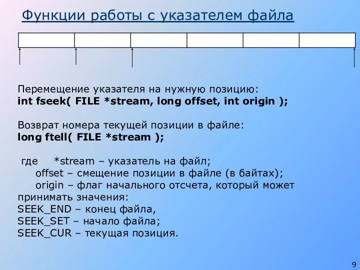 Функции работы с указателем файла Перемещение указателя на нужную позицию: