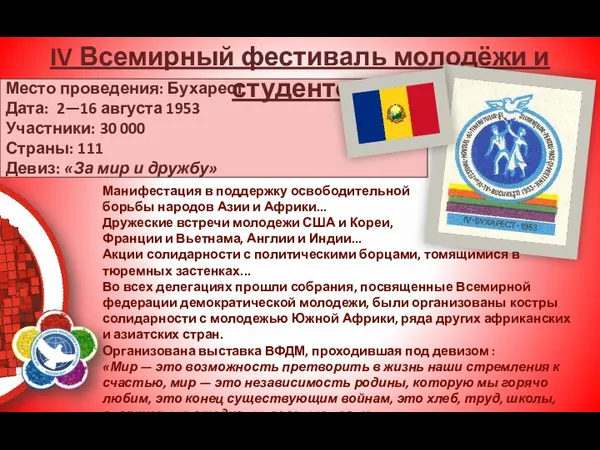 Место проведения: Бухарест Дата: 2—16 августа 1953 Участники: 30 000